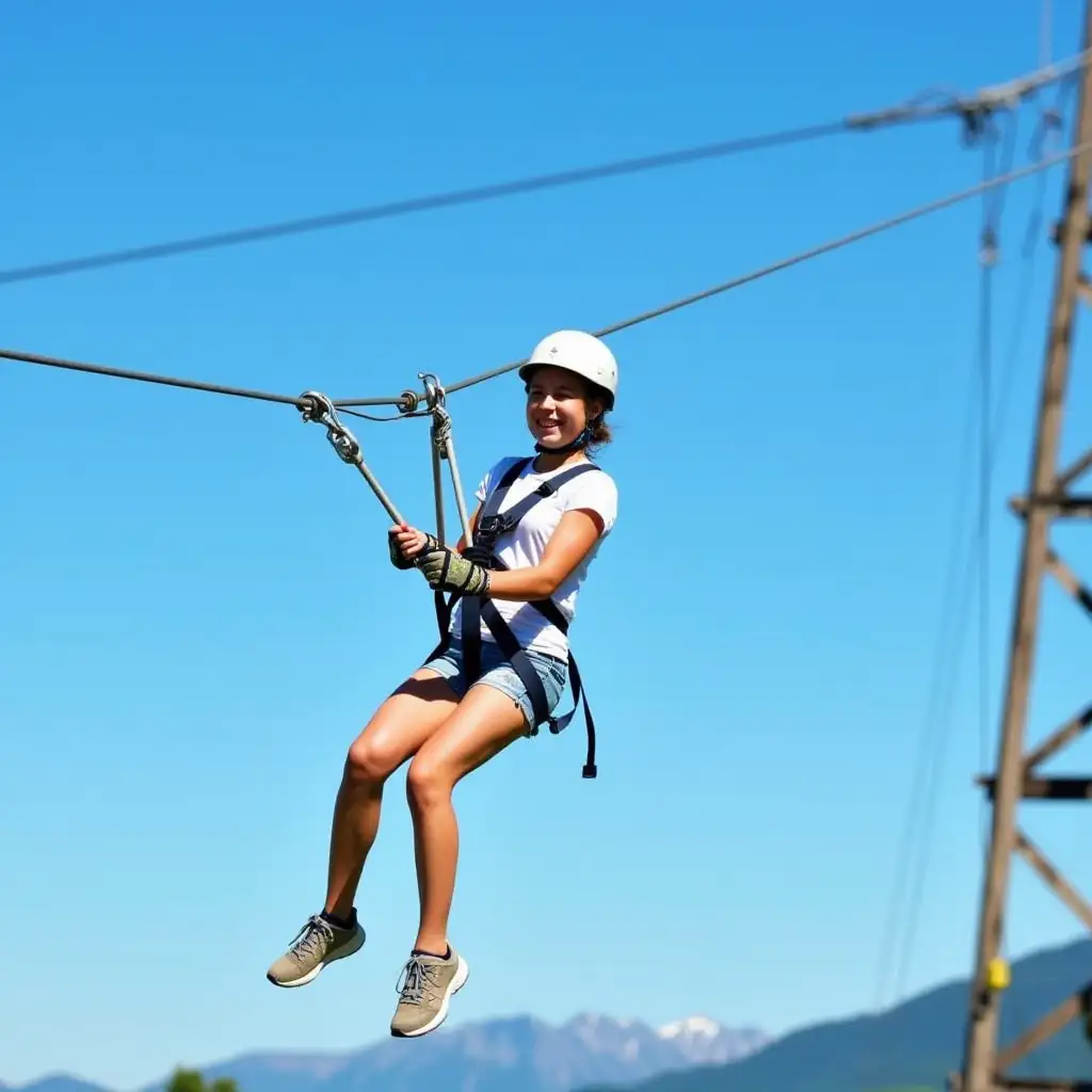 Girl-Ziplining-Over-Mountain-Landscape-with-Clear-Blue-Sky