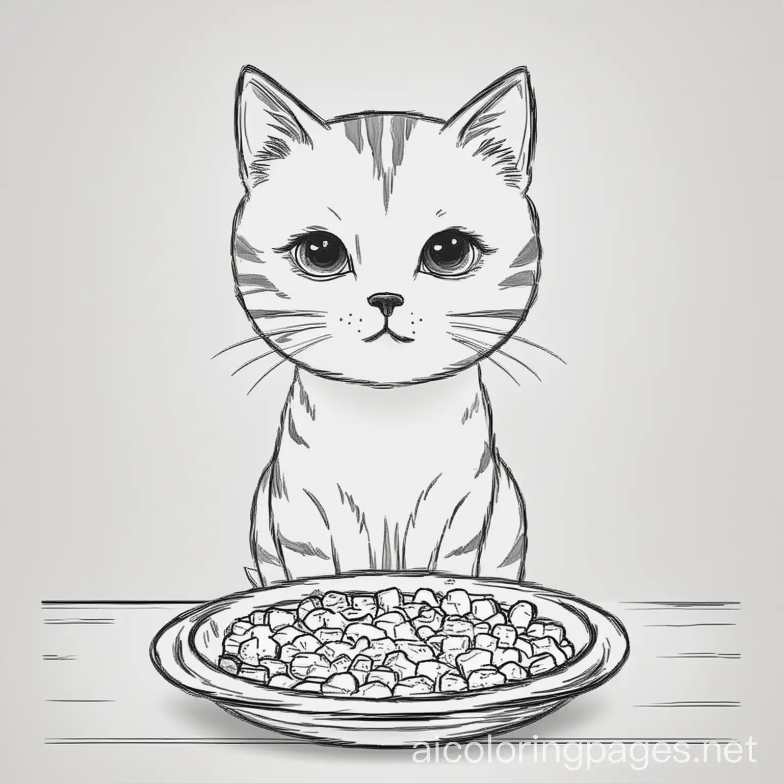 a cat thinking about food, Coloring Page, black and white, line art, white background, Simplicity, Ample White Space. The background of the coloring page is plain white to make it easy for young children to color within the lines. The outlines of all the subjects are easy to distinguish, making it simple for kids to color without too much difficulty