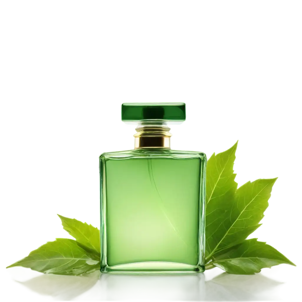 HighQuality-PNG-of-Green-Perfume-with-Grassy-Square-Glass-and-Green-Leave-Text-for-Various-Applications