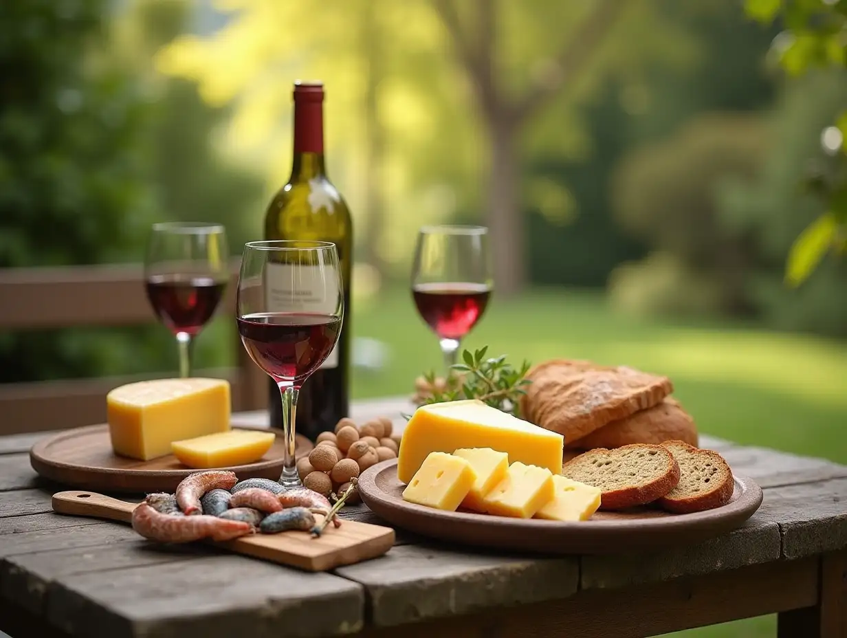 a hyperrealistic image of a table outside with typical products from Cantabria (cheeses, anchovies, bread, wine) in a natural environment. That conveys a feeling of freshness and good food in the heart of nature.