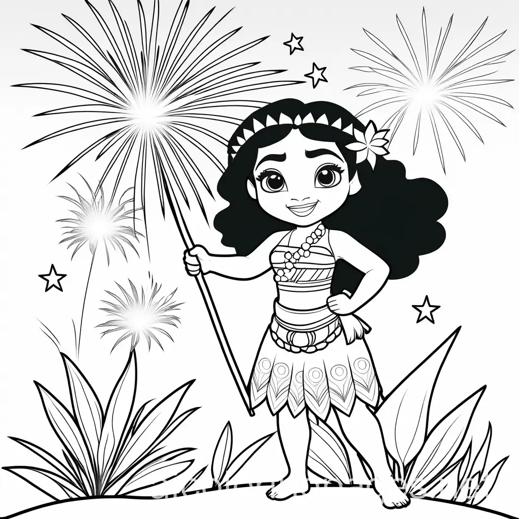 Moana-Celebrating-with-Fireworks-Kids-Coloring-Page