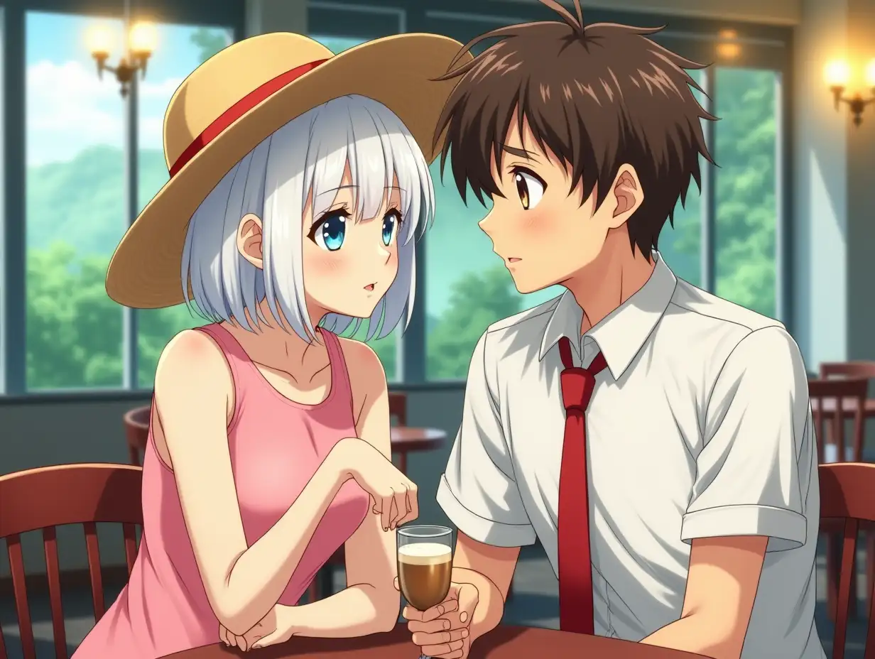 A dreamy like anime photo of a gorgeous classy elegant cafe where a 25 old anime girl who had a bob cut straight white hair and blue eyes and she wears a pink summer casual dress and wear a straw hat, and an anime boy who is 26 years old, wears a white Elegant shirt with a red tie with a farmer, his hair is brownish-blackish coloured and his eyes are brown, have a date with each other, talking with each other with good mood. The overall place is dreamy and taken in summer 1993. The photo look is have a ambient onclusion lightning.