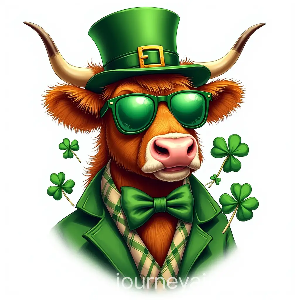 Stylish-Anthropomorphic-Highland-Cow-with-St-Patricks-Day-Theme-and-Shamrocks