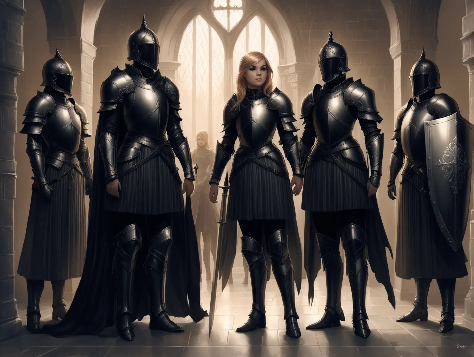 guards in the castle, charlie bowater, fantasy, black armor, with helmets, full height, shield behind