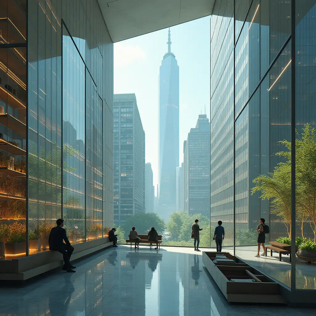 ultradetailled hyperrealistic photo-realistic portrait many large glass shelving with seating area inside sit people and hold onto the land around and look down at the city textures, surfaces and lighting, to give depth, dimension and a photo-realistic appearance.in the city