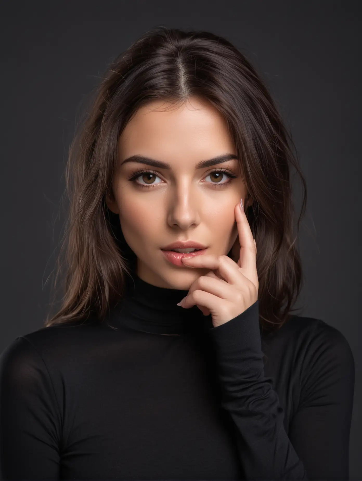 Pretty-Brunette-Woman-in-Tight-Black-Outfit-Telling-a-Secret