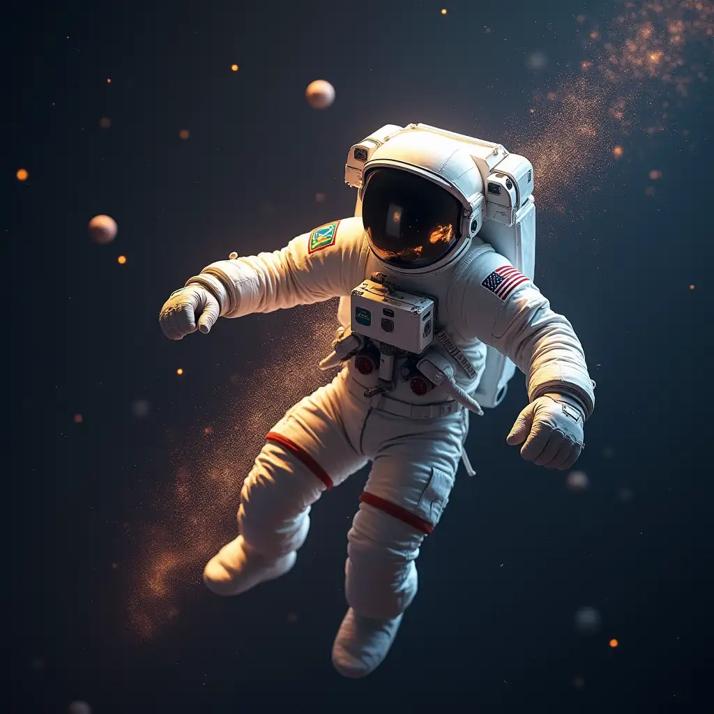 An astronaut is drifting in space past stardust