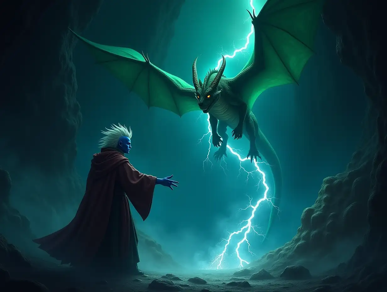 A dark gloomy scene in a cavern, a green dragon flying high above a man with blue skin and white spiky hair wearing a robe, the main is casting a lightning spell