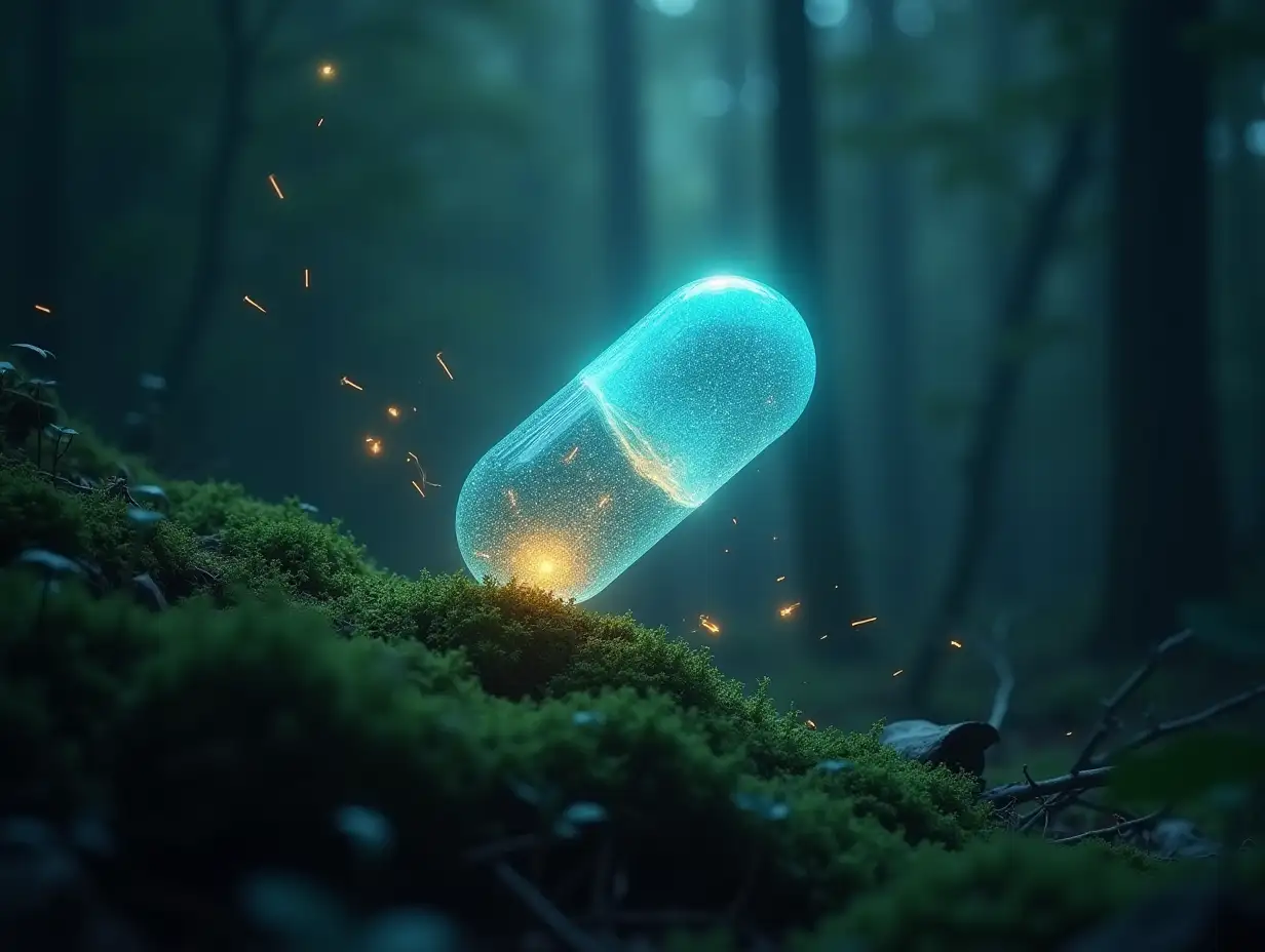 Mystical-Pill-Emitting-Radiant-Aura-in-a-Magical-Forest