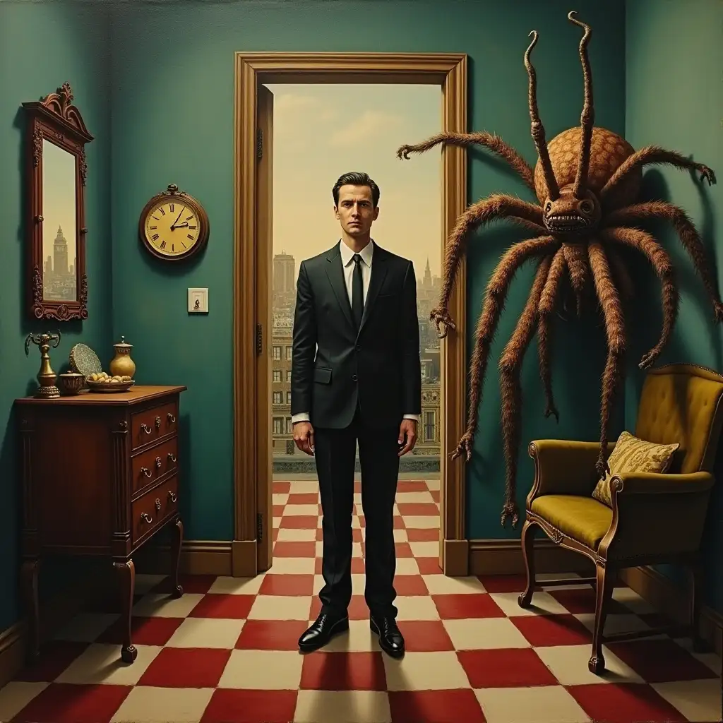 A fantastical intricate surreal oil painting in the style of George Biddle called 'The Businessman'. We see a Cityscape, and in a room with a checkered floor stands a man in a black suit. There is a doorway with a locked door, a floating clock, and a broken mirror. There is an open keyhole in front of him. Behind it stands another large creature spider like with long furry legs and short horns, creepy and adorable, mysterious and enticing. The audience knows more than the man who has entered 'The Twilight Zone'