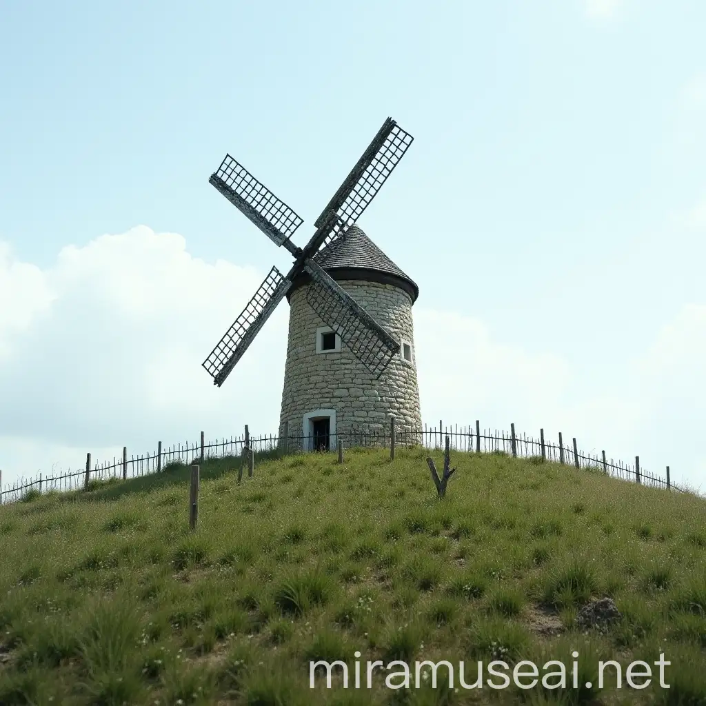 Old Stone Windmill on Remote Hilltop with Iron Fence