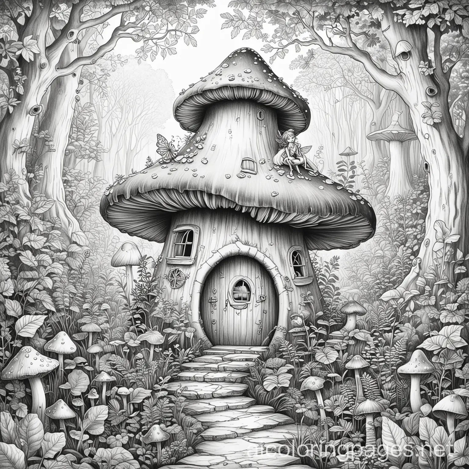 Fairy in a magical forest with a mushroom house, Coloring Page, black and white, line art, white background, Simplicity, Ample White Space. The background of the coloring page is plain white to make it easy for young children to color within the lines. The outlines of all the subjects are easy to distinguish, making it simple for kids to color without too much difficulty