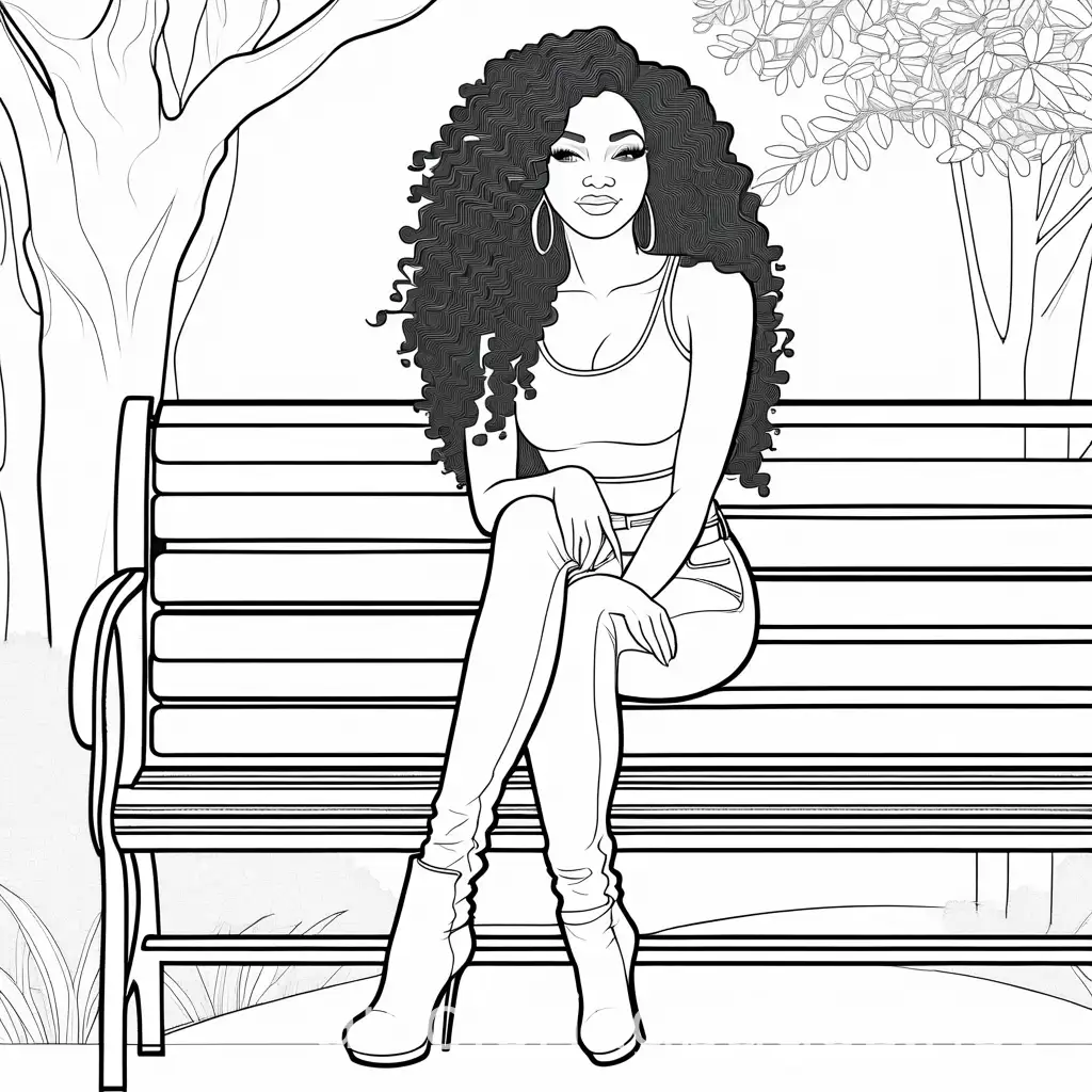 Black-Woman-on-Park-Bench-in-High-Heel-Boots-Curly-Hair-and-Gold-Accents-Simple-Coloring-Page-for-Kids