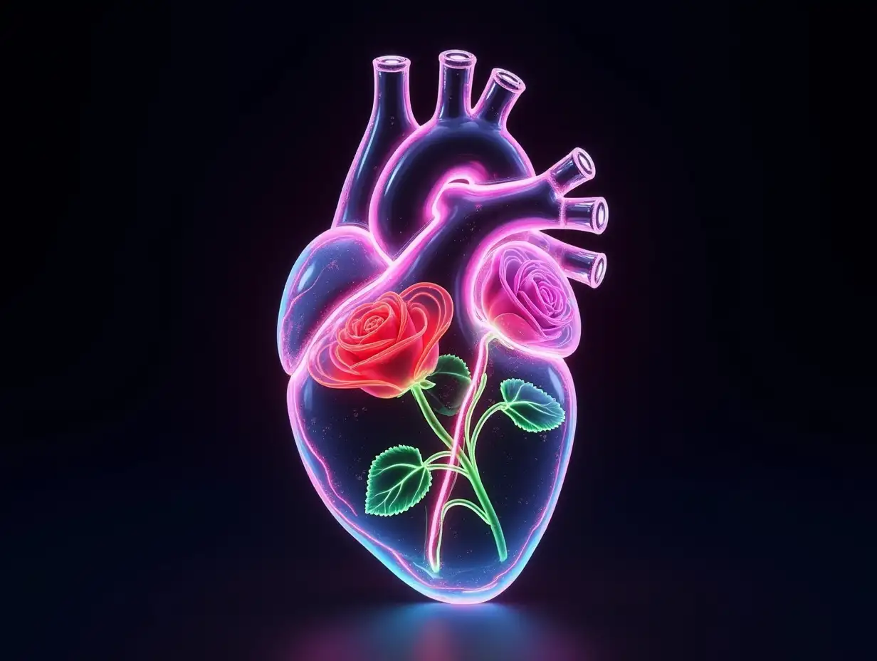 artistic, Create a 3D rendering of an anatomically correct human heart made of semi-transparent glass, featuring colorful neon lines tracing the contours and blood vessels. Inside the heart, include two semi-transparent glass roses of different colors. The design should exhibit glass morphism effects with glowing elements. The background should be dark to enhance the glowing effect, highly detailed, uhd, 128k,