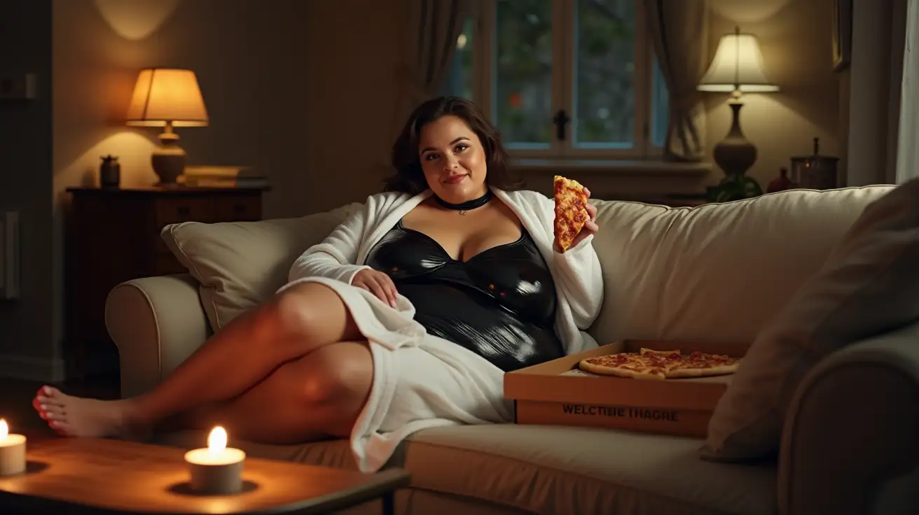 Relaxed-Brunette-Enjoys-Pizza-Night-in-Cozy-Apartment