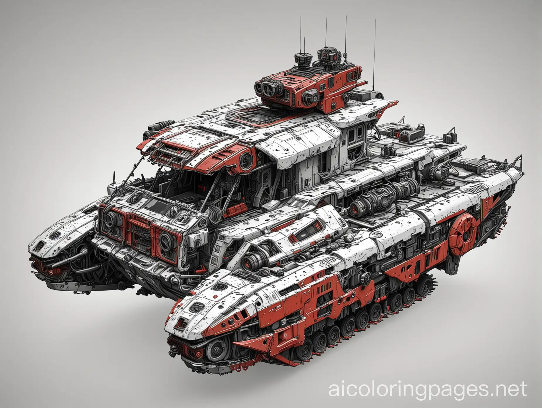 PostApocalyptic-Cyberpunk-Mech-Fire-Amphibious-Boat-Coloring-Page