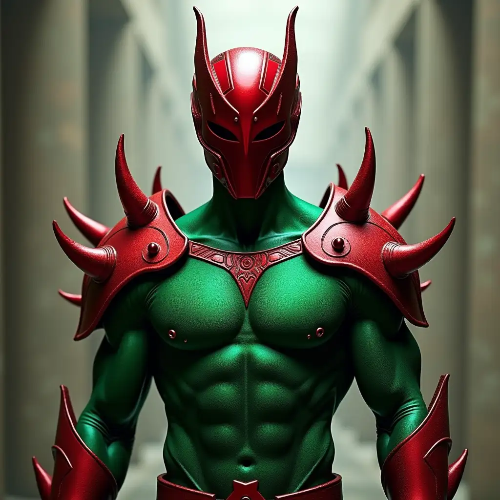 Superhero-in-Green-Supersuit-with-Crimson-Spiked-Shoulder-Plates-and-Helmet