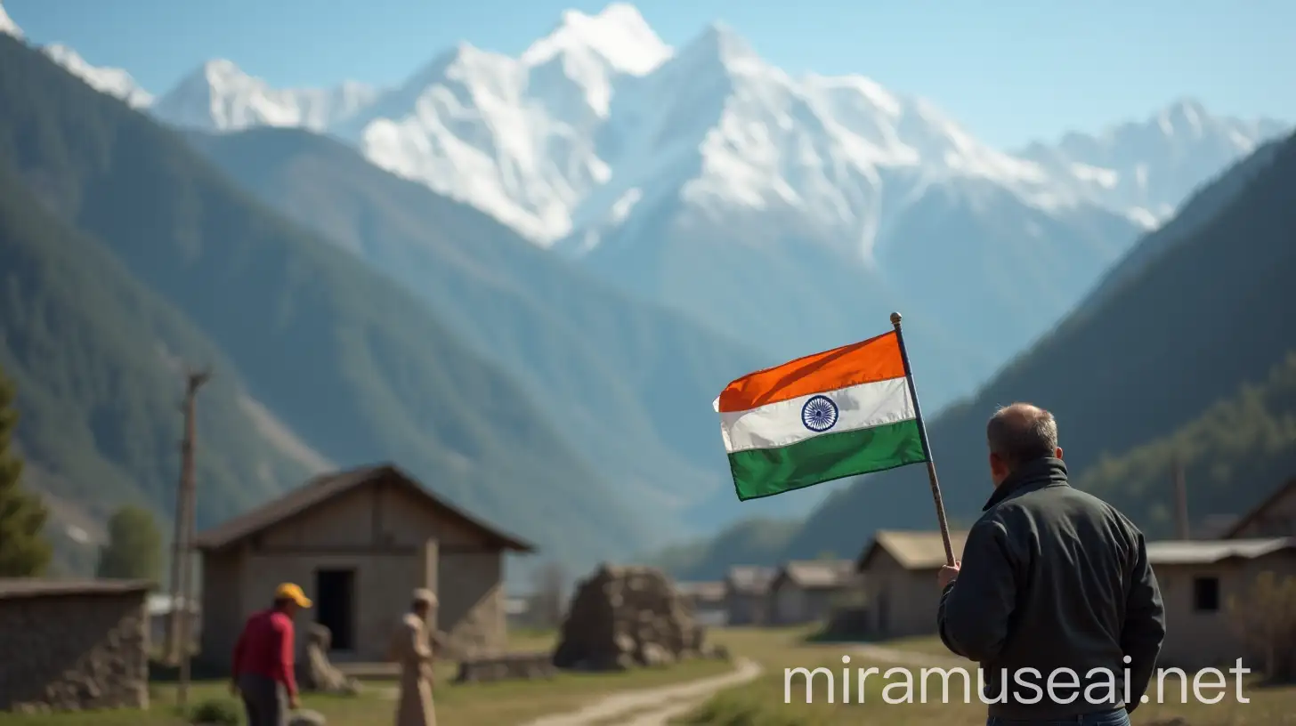 Poor People of Pakistan Occupied Kashmir PoK Holding Indian Flag with Mountain Village Background