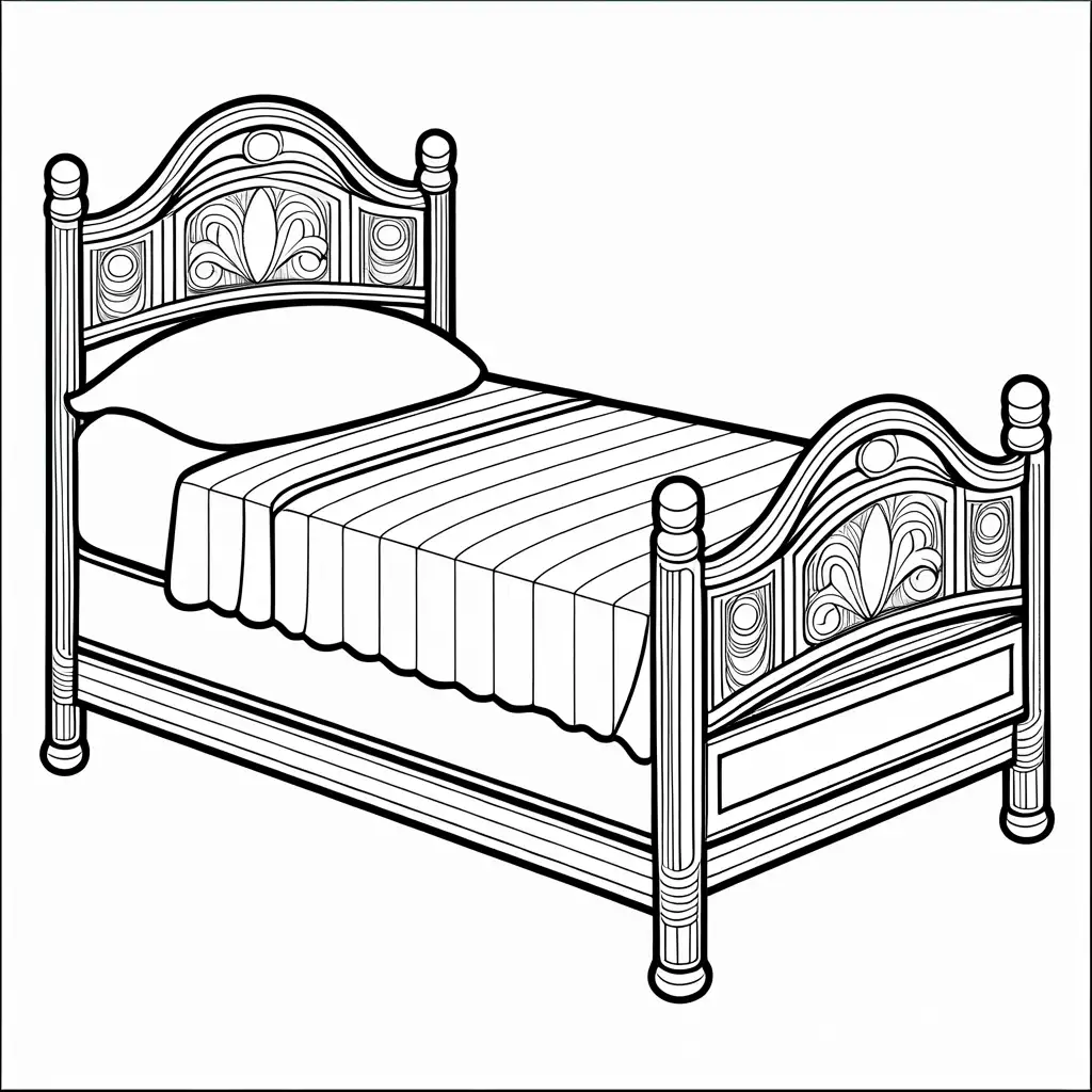 No background, child Bed with patterned bedsheet , Coloring Page, black and white, line art, white background, Simplicity, Ample White Space. The background of the coloring page is plain white to make it easy for young children to color within the lines. The outlines of all the subjects are easy to distinguish, making it simple for kids to color without too much difficulty