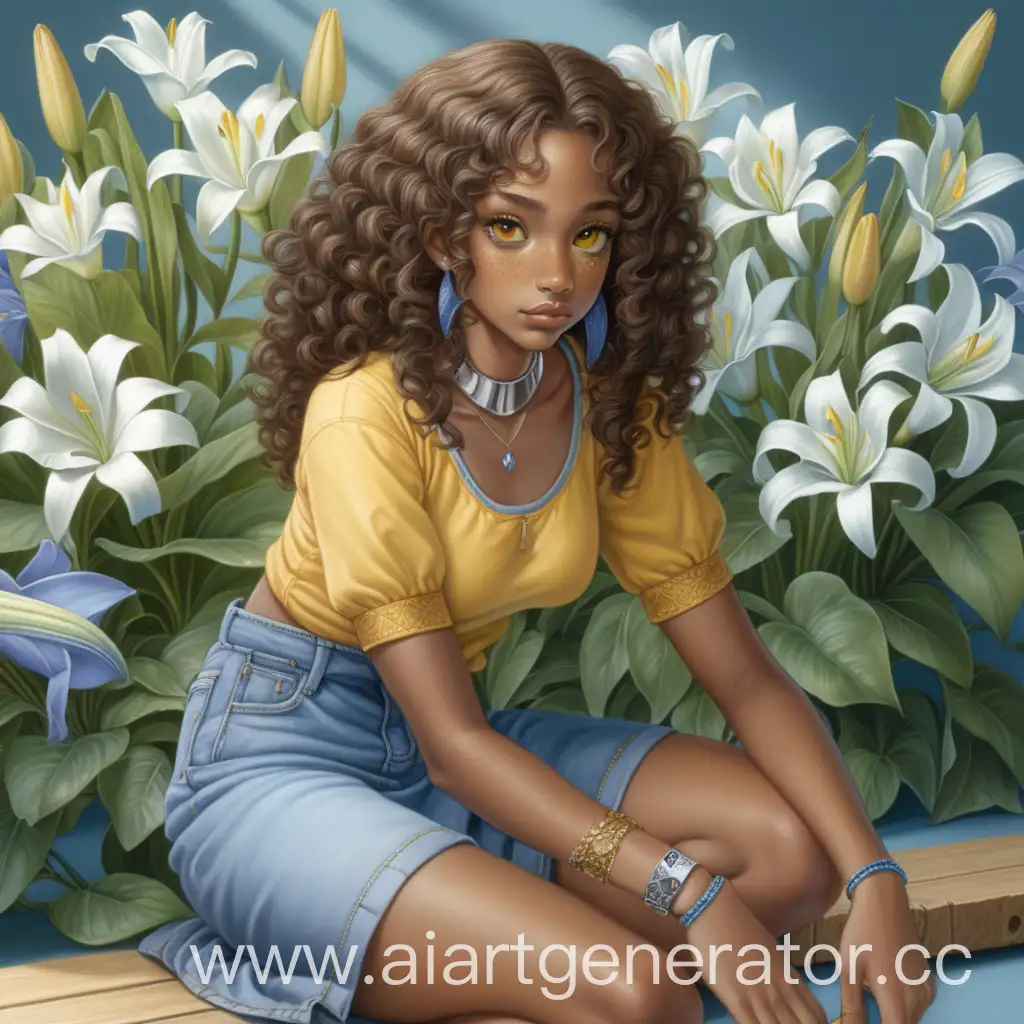 Curly-BrownHaired-Girl-with-Lily-Flowers-in-Blue-Skirt