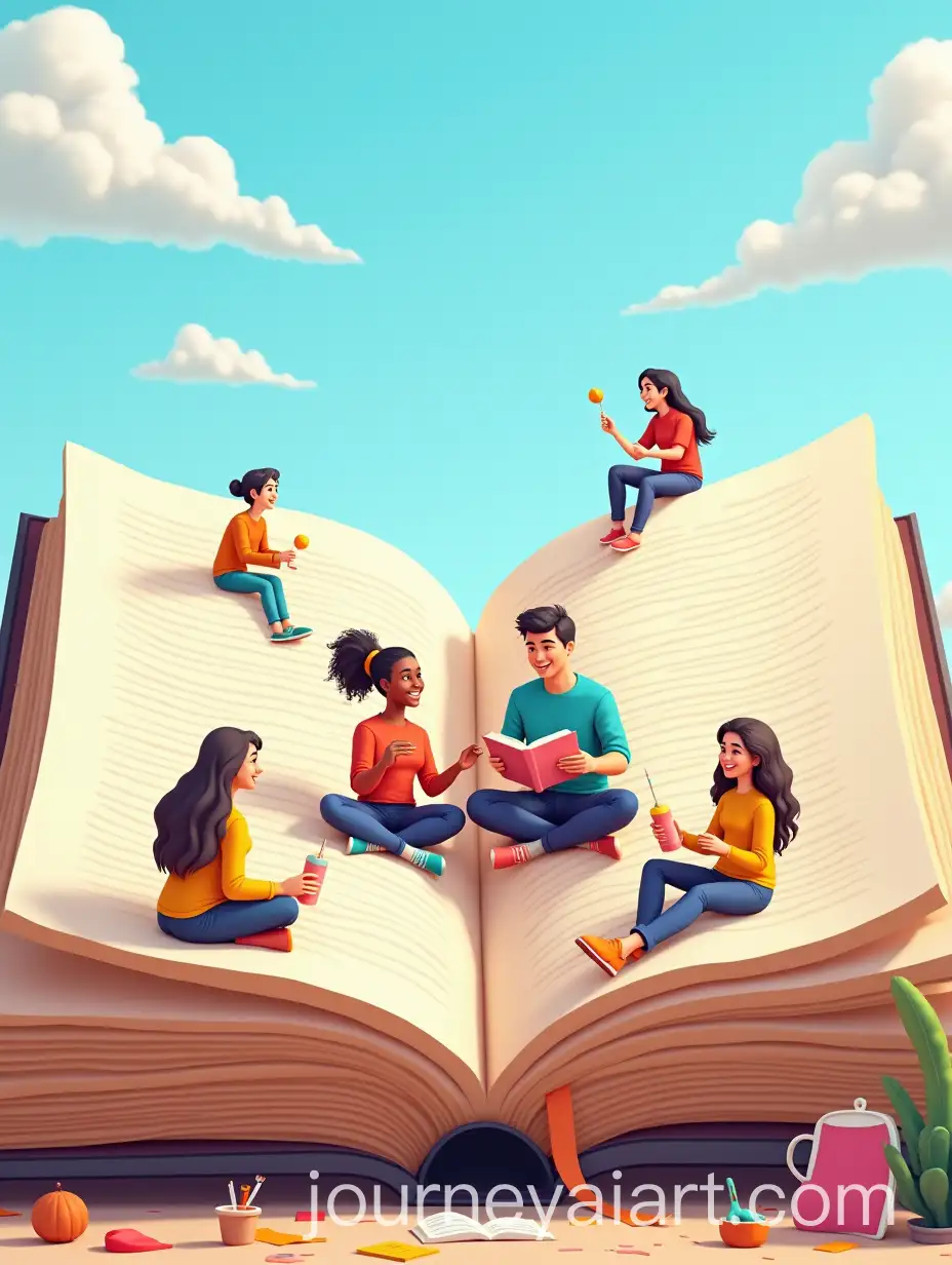 Young-Adults-Engaged-in-Fun-Activities-in-aAI-Art-Prompt-Expansion-Giant-Open-Book-Illustration