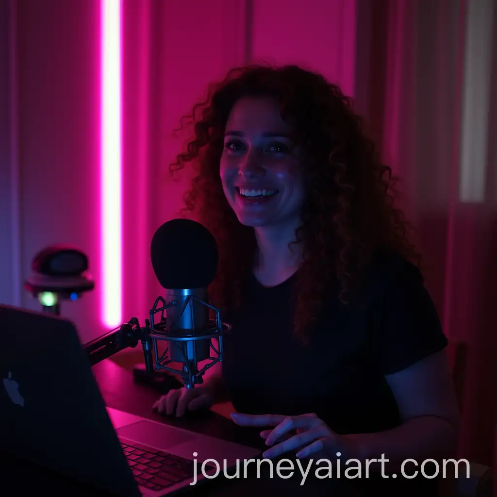 Hispanic-Woman-Recording-Podcast-in-Neon-Lit-Room