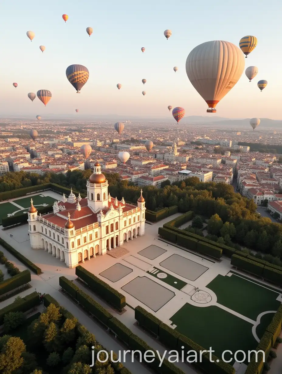 Aerial-View-of-Aranjuez-Royal-Palace-Surrounded-by-Colorful-Hot-Air-Balloons