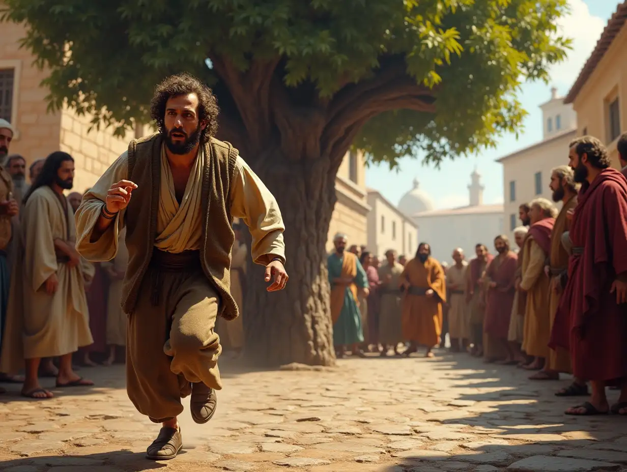 Zacchaeus, a short man with a determined expression, running towards a large sycamore tree with low branches, dressed in simple but formal attire. In the background, a bustling crowd gathers around Jesus, making it difficult for Zacchaeus to see. The scene captures the lively, ancient setting with cobblestone streets, stone buildings, and vibrant activity, focusing on Zacchaeus' urgency and the grandeur of the sycamore tree.