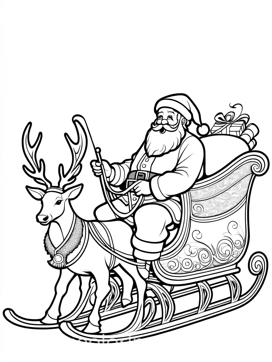 Santa Claus A classic image of Santa with his sleigh and reindeer, Coloring Page, black and white, line art, white background, Simplicity, Ample White Space. The background of the coloring page is plain white to make it easy for young children to color within the lines. The outlines of all the subjects are easy to distinguish, making it simple for kids to color without too much difficulty