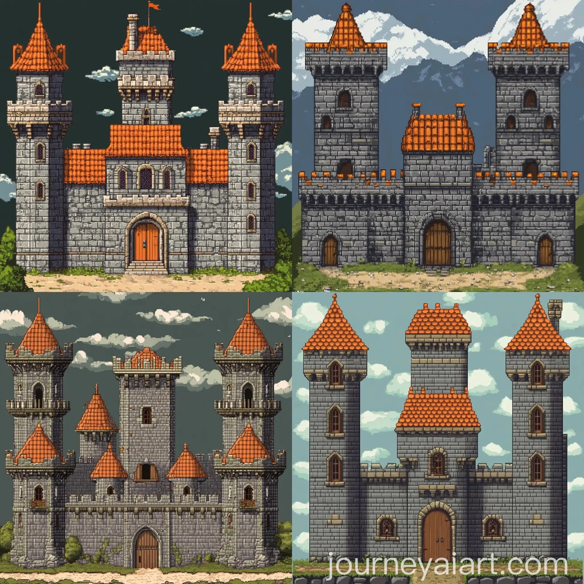 Pixel-Art-Castle-Front-Face-with-Symmetric-Towers-and-Orange-Roofs