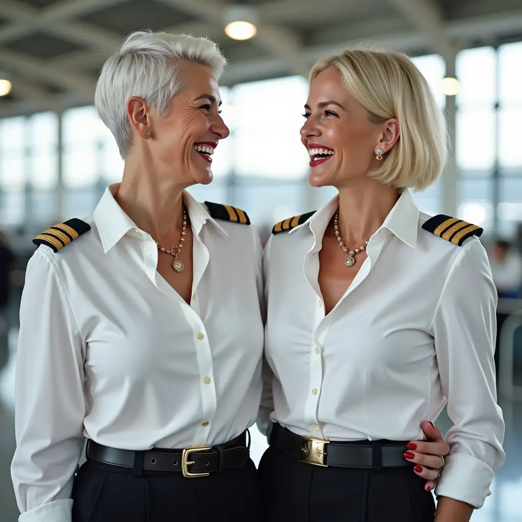 two white lady 35 years old, in white pilot shirt, casually deep-necked pilot shirt, laughing with her mouth open, red lipstick accentuating her smile, belt on waist, big wide hips, chest are fully grown, jewerly, white shirt buttons visible on shirt, short hair, HD, airport, photo-realism