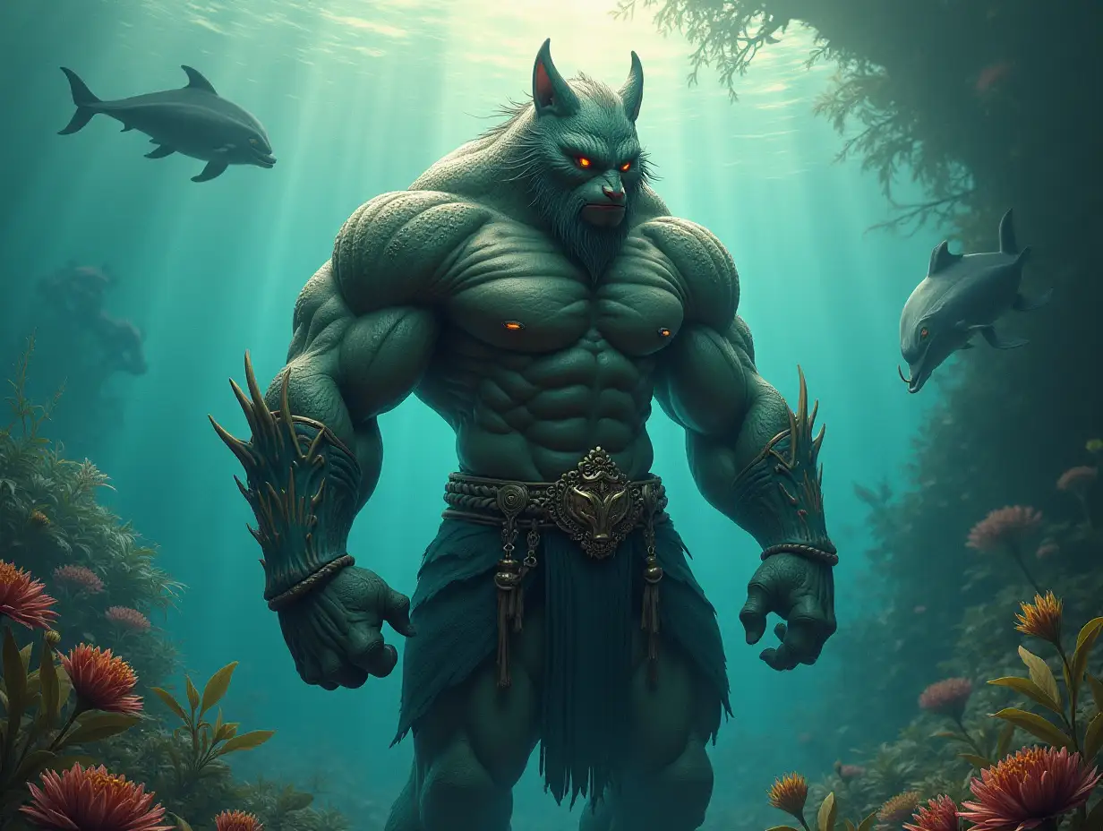 A very detailed photo. A full body representation of an Animal-Hybrid Samurai bodybuilder with Delphinidae and Delphinidae in the sea plants trees