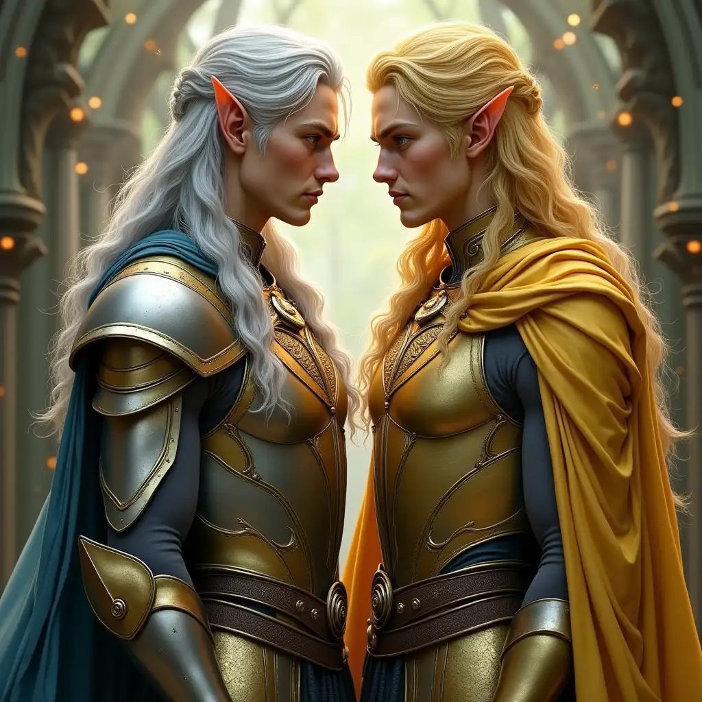 Handsome Identical Twin Princes Moon Elf and Sun Elf Warriors in Elven Armor