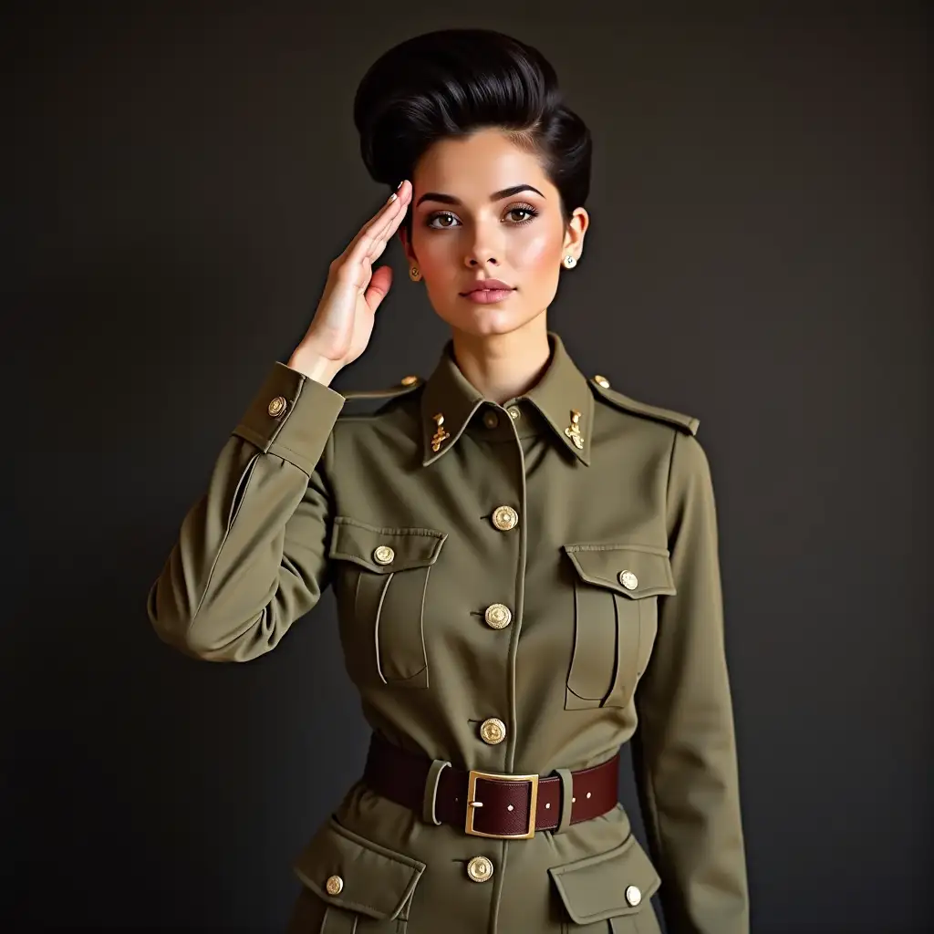 Young-Female-Version-of-Elvis-in-Army-Uniform-Saluting-with-ElvisStyle-Quiff