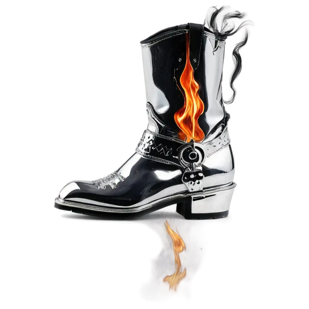 orte chrome cowboy boot made of metal is melting and dripping on fire