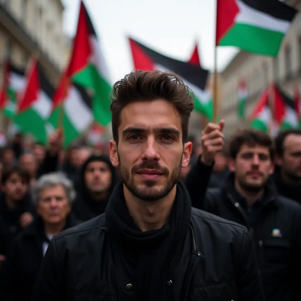 Raw photography of a 30 year old Western European Italian man. In the background a demonstrating crowd with Palestinian flags. Raw quality, raw photography, portrait format