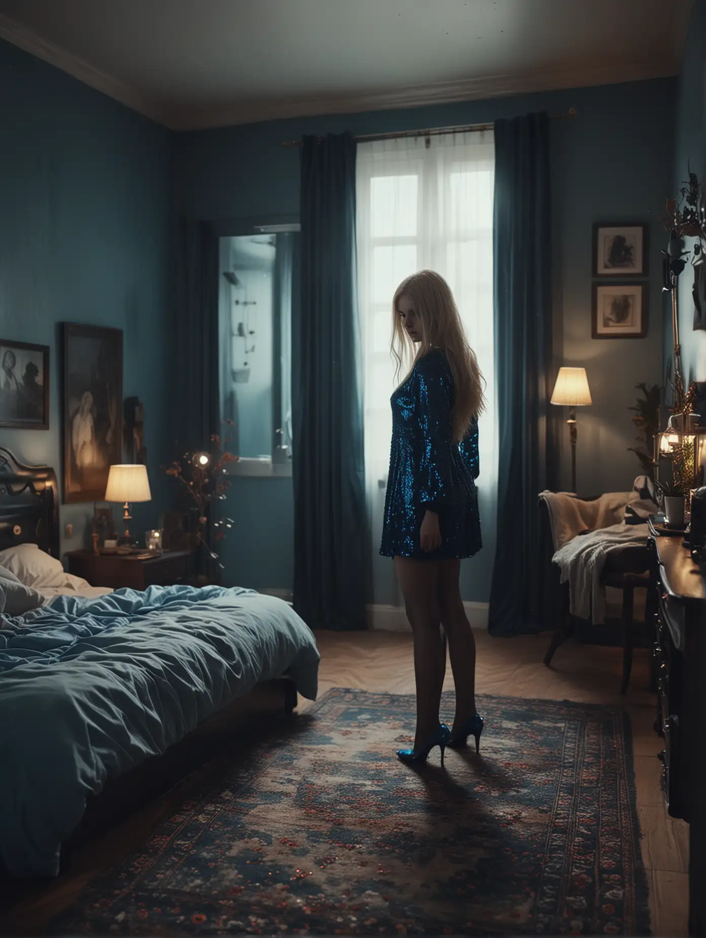 small apartment bedroom, exuding a cinematic quality with toned color grading, evoking a dreamy, ethereal atmosphere, with a shallow depth of field that blurs the surrounding landscape, transporting the viewer to a surreal, dreamcore world infused with a hint of weirdcore whimsy, blue dark hues

Kid blond ponyhair, wearing evening sequin dress heels, dark tights sit

