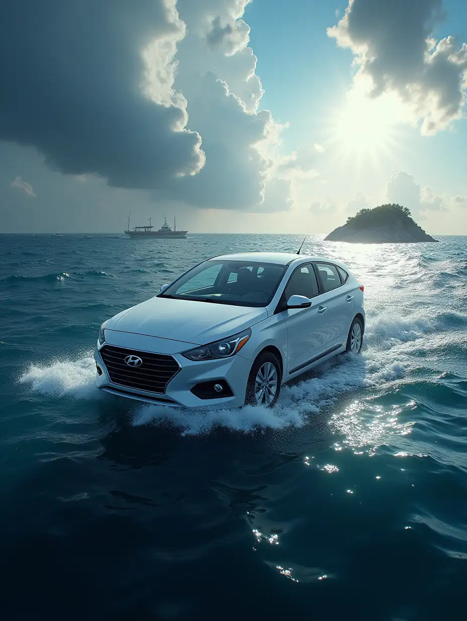 Hyundai accent on a yacht in the sea. There is a storm at sea. The sun is shining. Sharks are swimming nearby. An uninhabited island is located on the horizon.