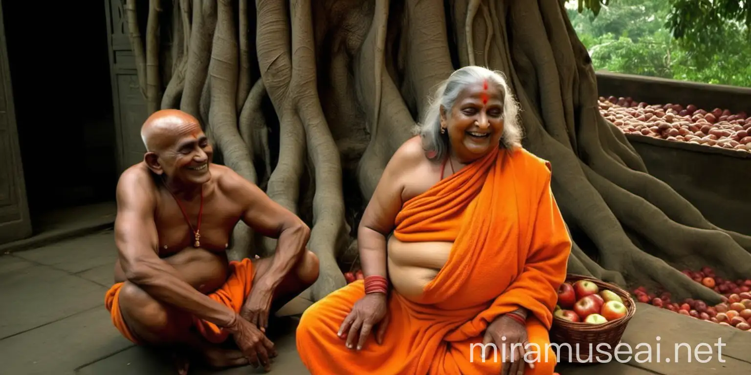 Elderly Indian Monk Laughing with Young Bodybuilder and Goat under Banyan Tree at Hindu Ashram