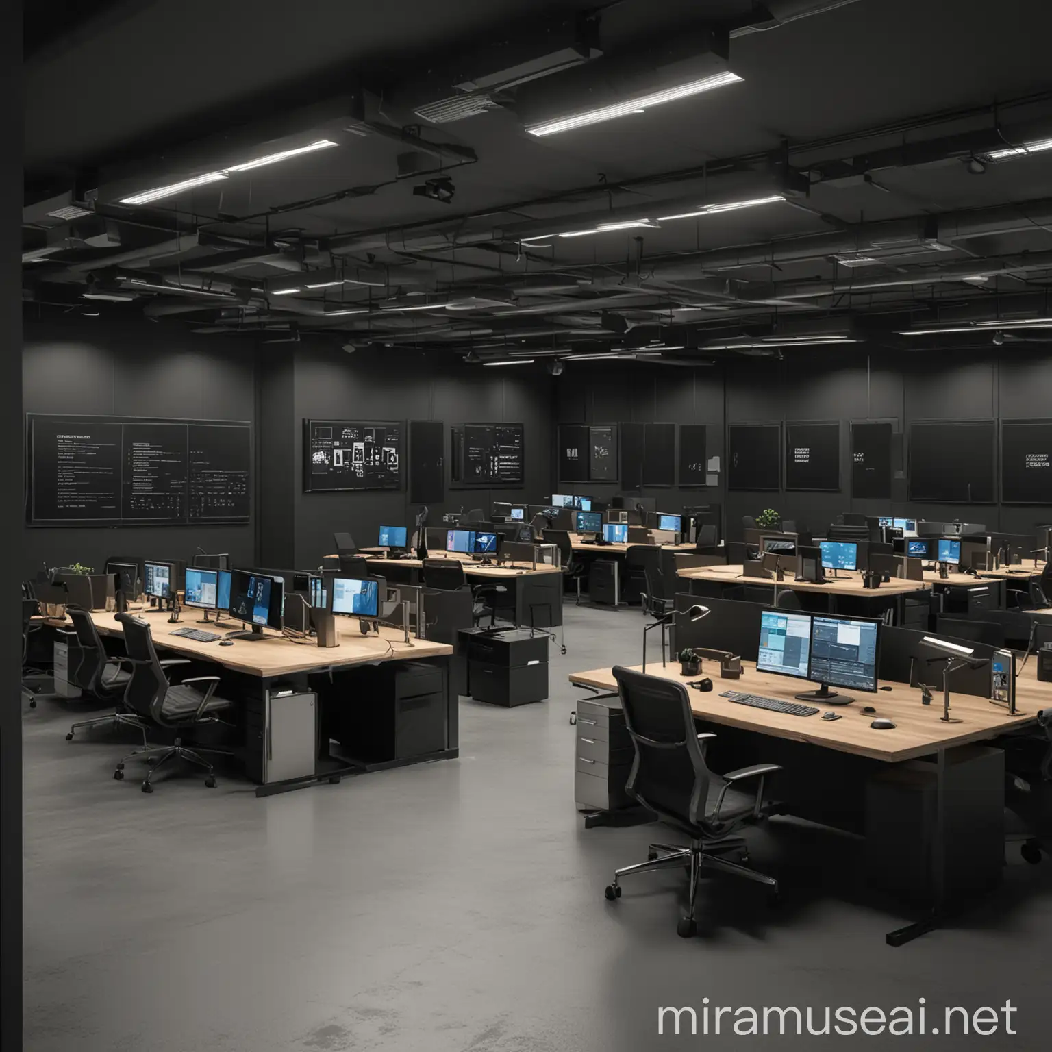 Corporate Office Interior with High Ceilings and Computer Screens