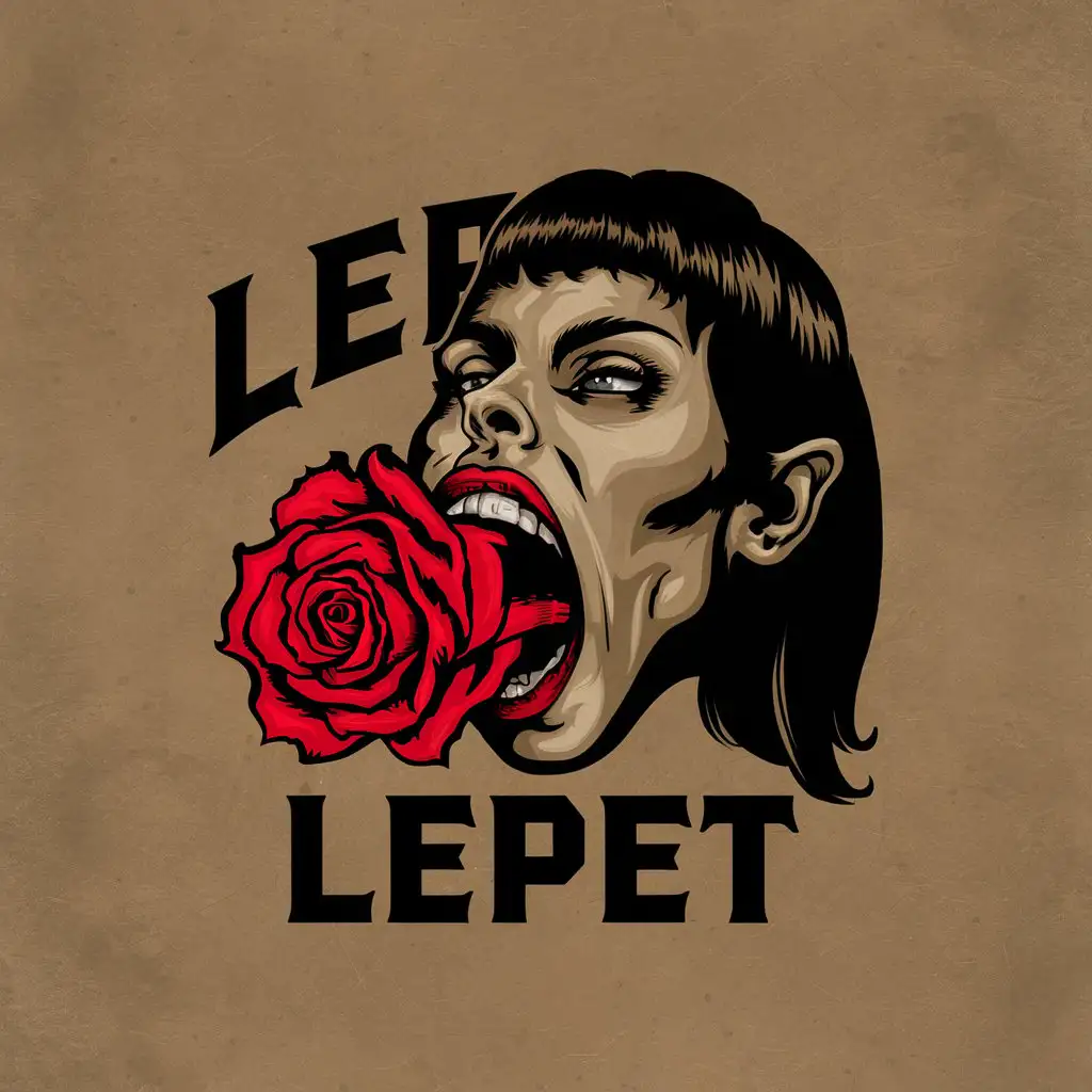 a logo design,with the text "Lepet", main symbol:A woman swallowing a rose for a rock group,Moderate,clear background