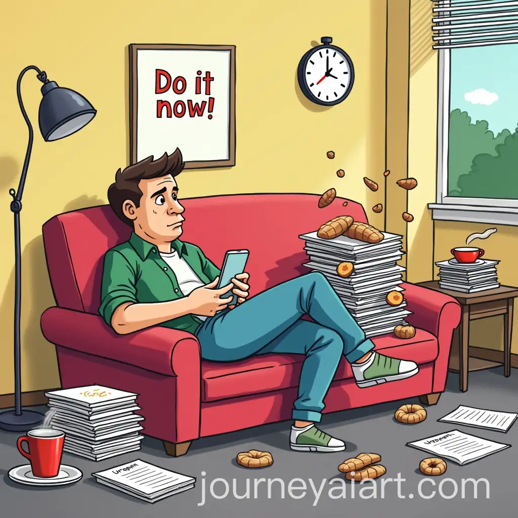 Humorous-Cartoon-Depicting-Procrastination-with-Character-Snacks-and-Clock