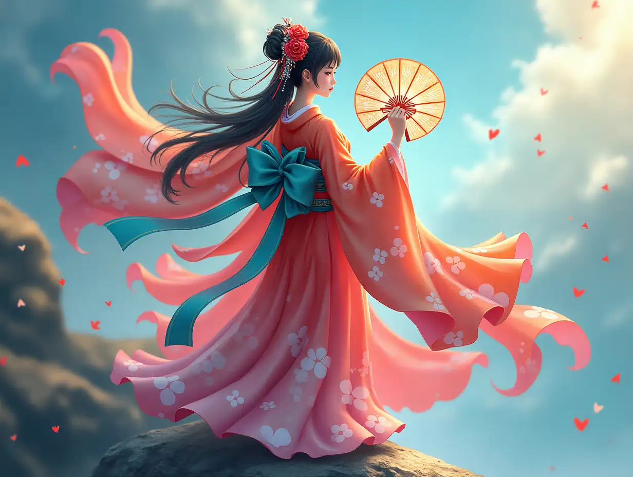 Japanese princess colorful kimono stands on a rock with a fan in her hand 4K resolution Vibrant