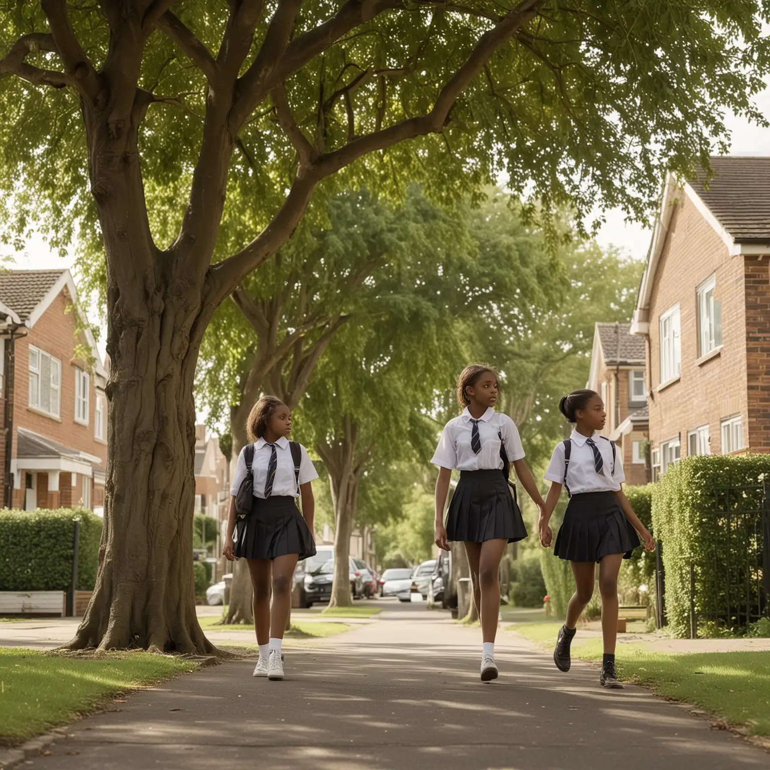 Two Schoolgirls in Short Skirts Walking in a TreeLined Suburban Neighborhood