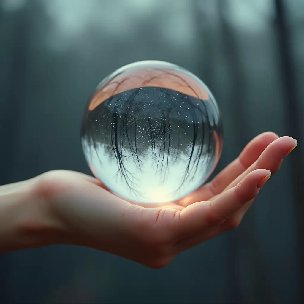 Exquisite and perfect human arm with soft skin tone. A perfectly round transparent glass ball floats on the open palm, its surface shimmering with refracted light, capturing the shimmer of distant stars and the silhouettes of tranquil trees. The sphere’s transparency captures traces of the sky and its surroundings, blending the ethereal and natural to create a harmonious, surreal atmosphere.