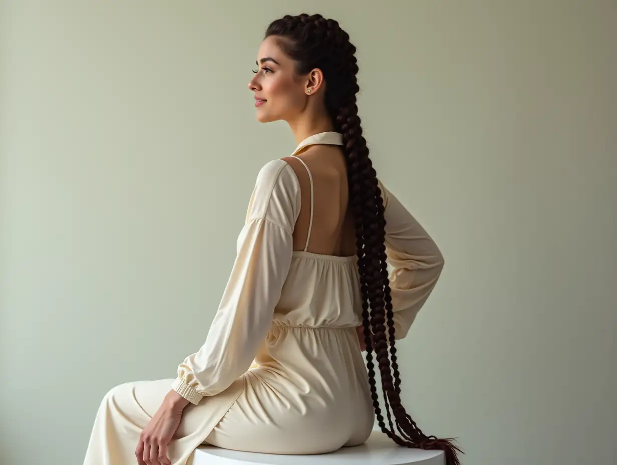 A woman with long braids on a pedestal photography style | Premium AI image