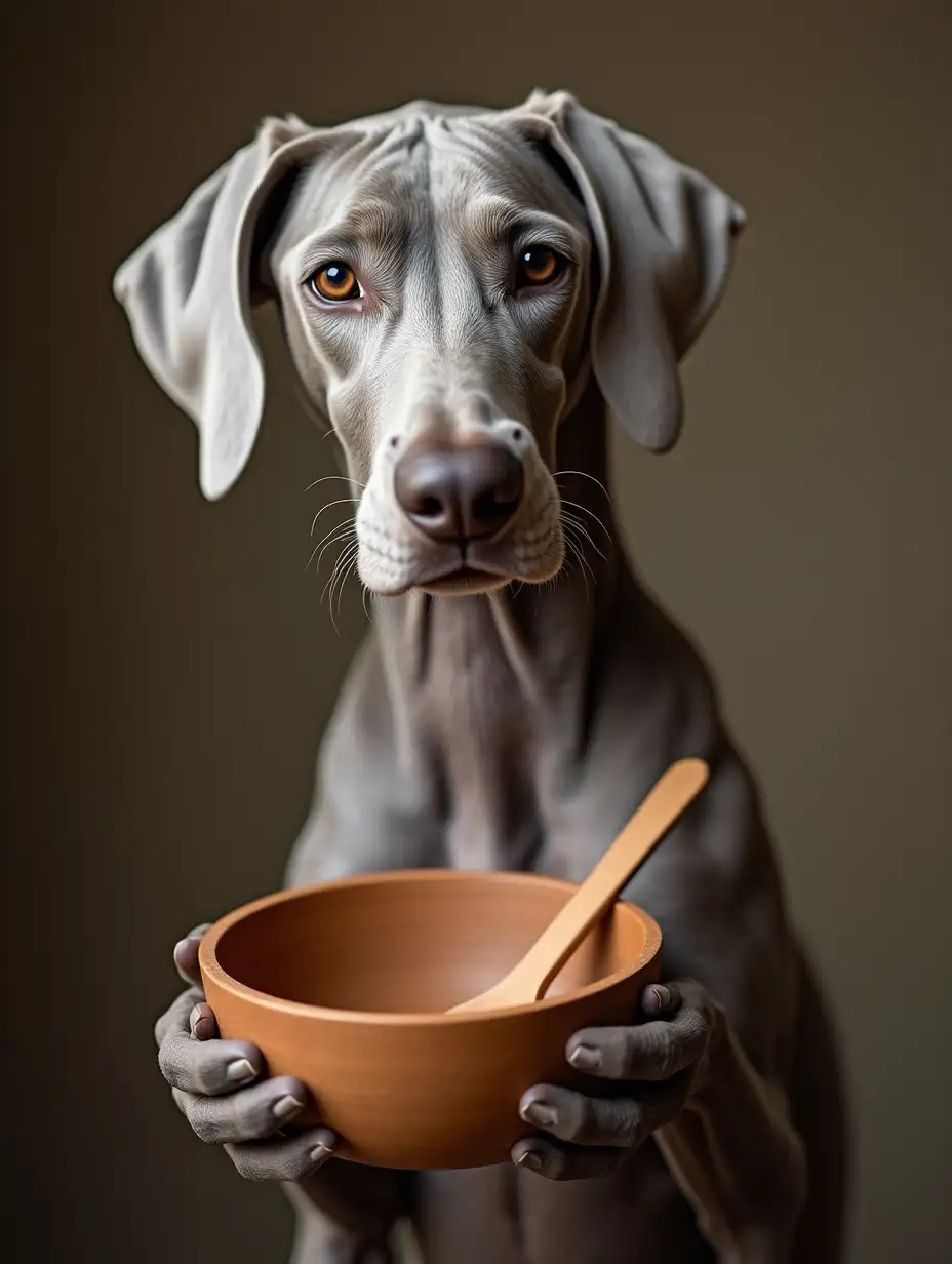 Older Weimaraner holding a wooden bowl and spoon