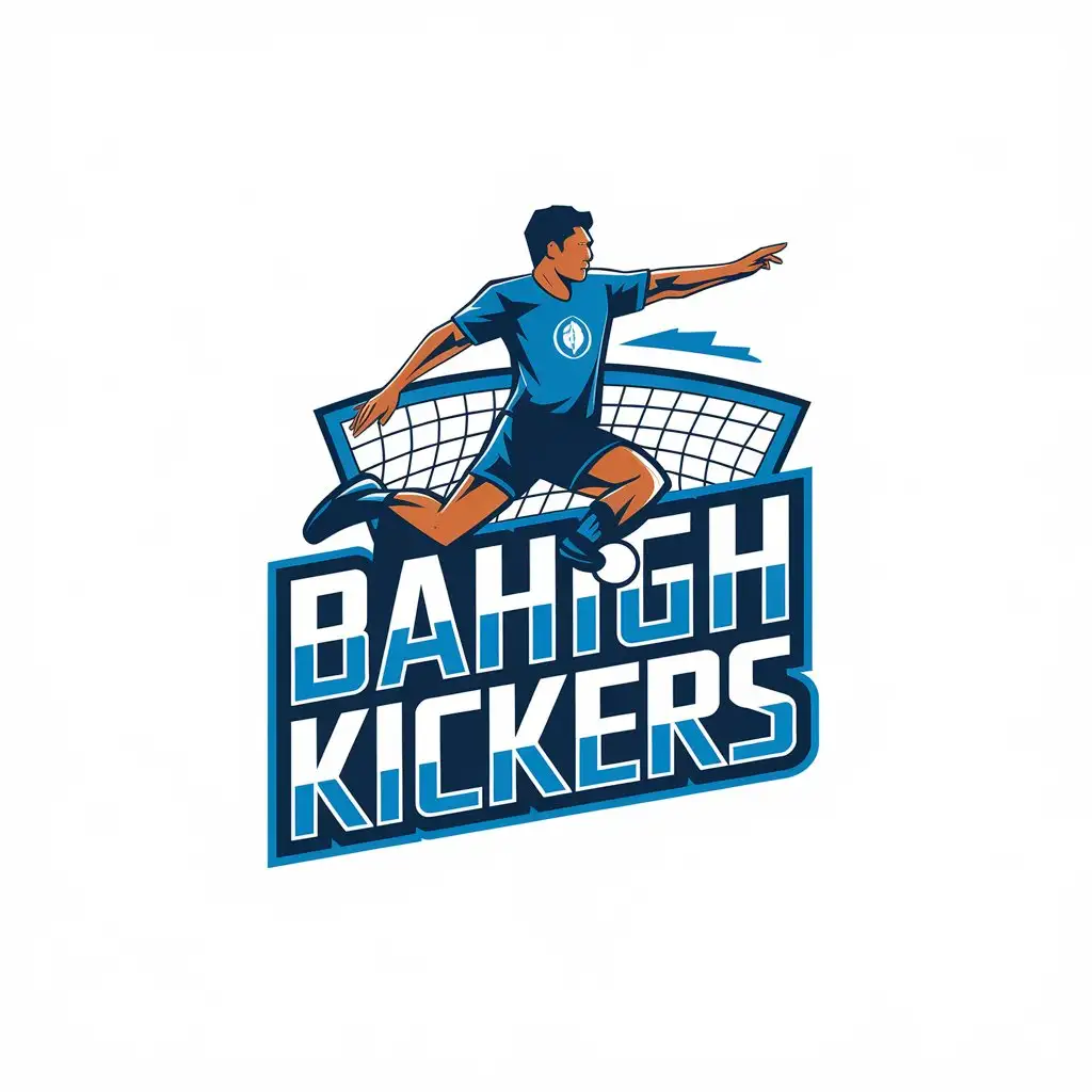 LOGO Design for Bahigh Kickers Sepaktakraw Motion with Kicking Figure and Net Theme for Sports Fitness