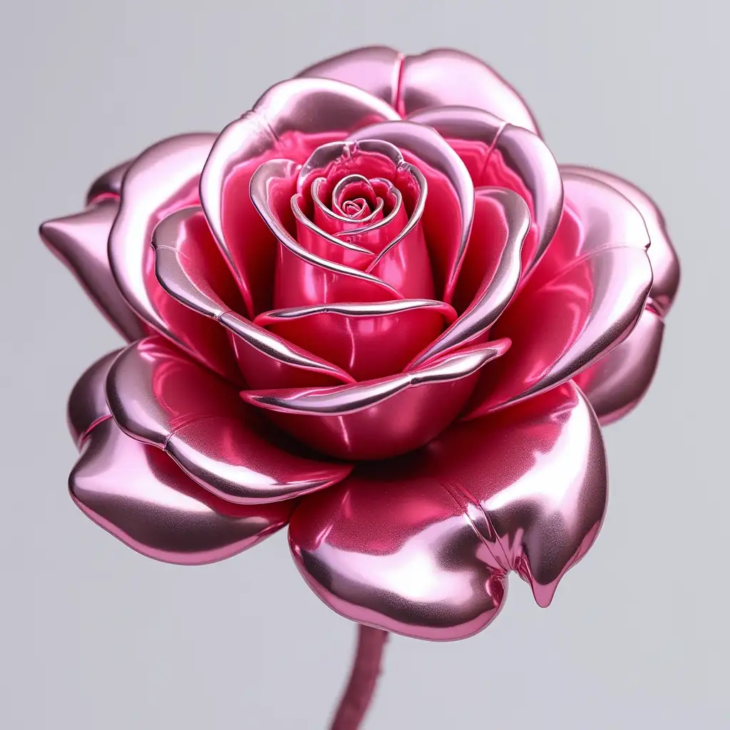 A highly detailed, reflective metallic rose with a stunning pink chrome finish. The petals glisten as if made of liquid metal, capturing light and creating dazzling highlights and shadows. The design is futuristic yet elegant, blending luxury with modern art. The rose is displayed against a simple, transparent or minimal background, emphasizing its intricate structure and shimmering surface. need it in 300pt