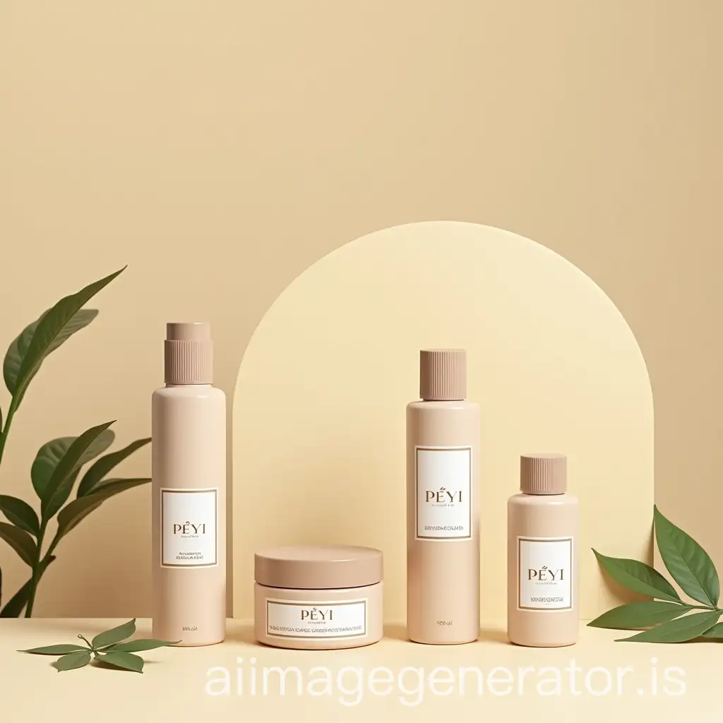 Create an image representing several cosmetic products. Products with the brand name and logo PÉYI. The colors would be beige, brown and white. The decor should depict nature, be bright. The packaging should be minimalist, trendy, elegant and timeless.